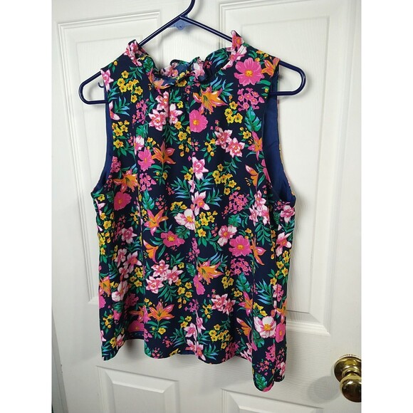 J. Crew Woman M High Ruffle Neck Floral Sleeveless Tank Keyhole Pullover - Picture 2 of 7